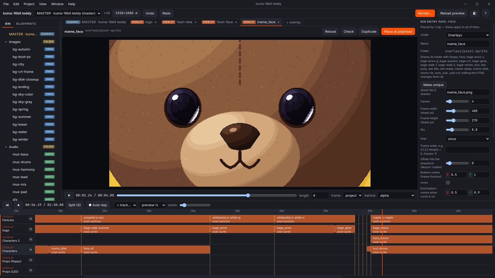 The overlay editor open on a pixel-art teddy bear sprite, with its settings in the inspector